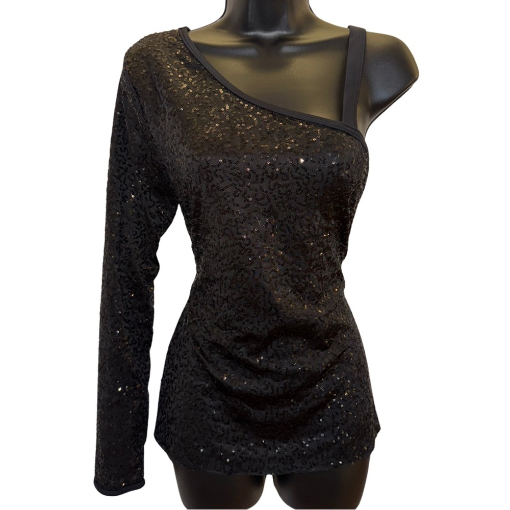 ‘Balera’ black sequin one-shoulder long sleeve top - size L